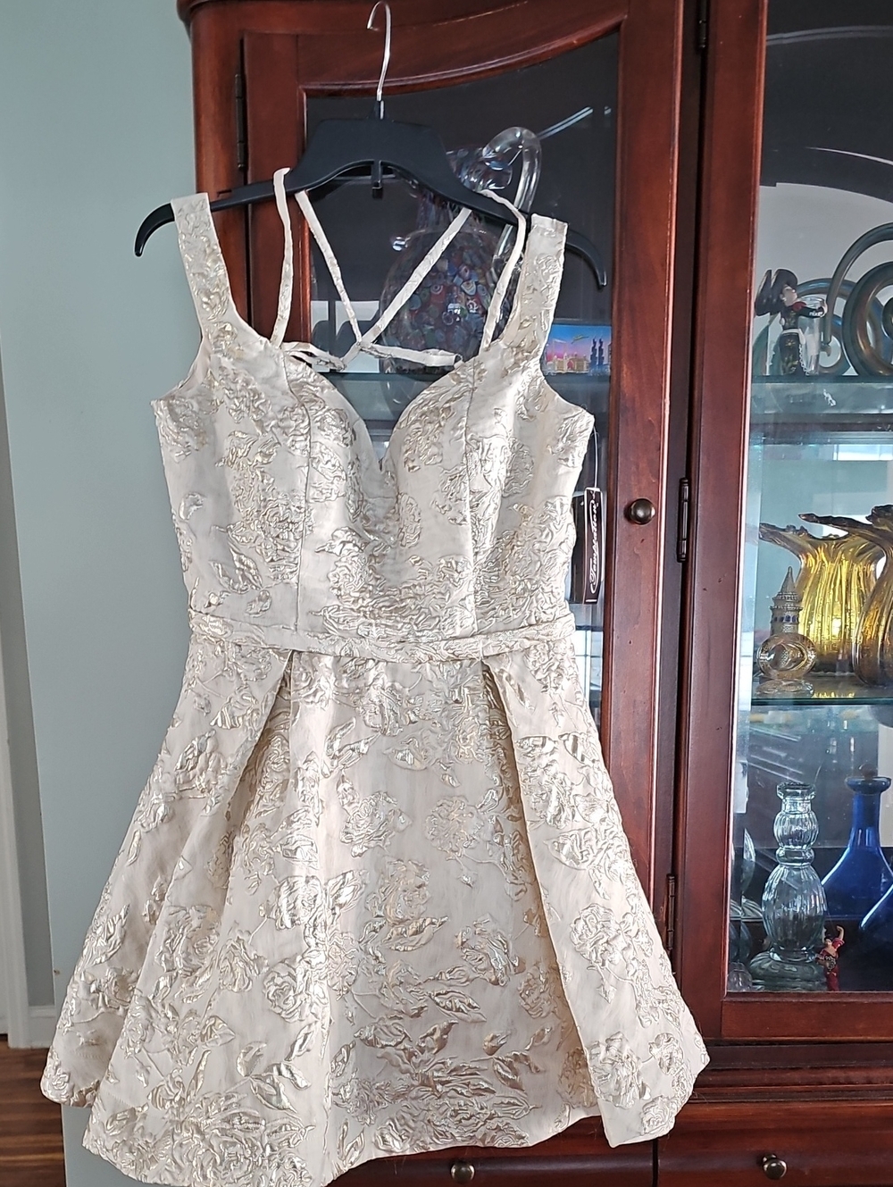 Temptations Cream and Silver Jacquard Textured Evening Mini Dress 12 NWT